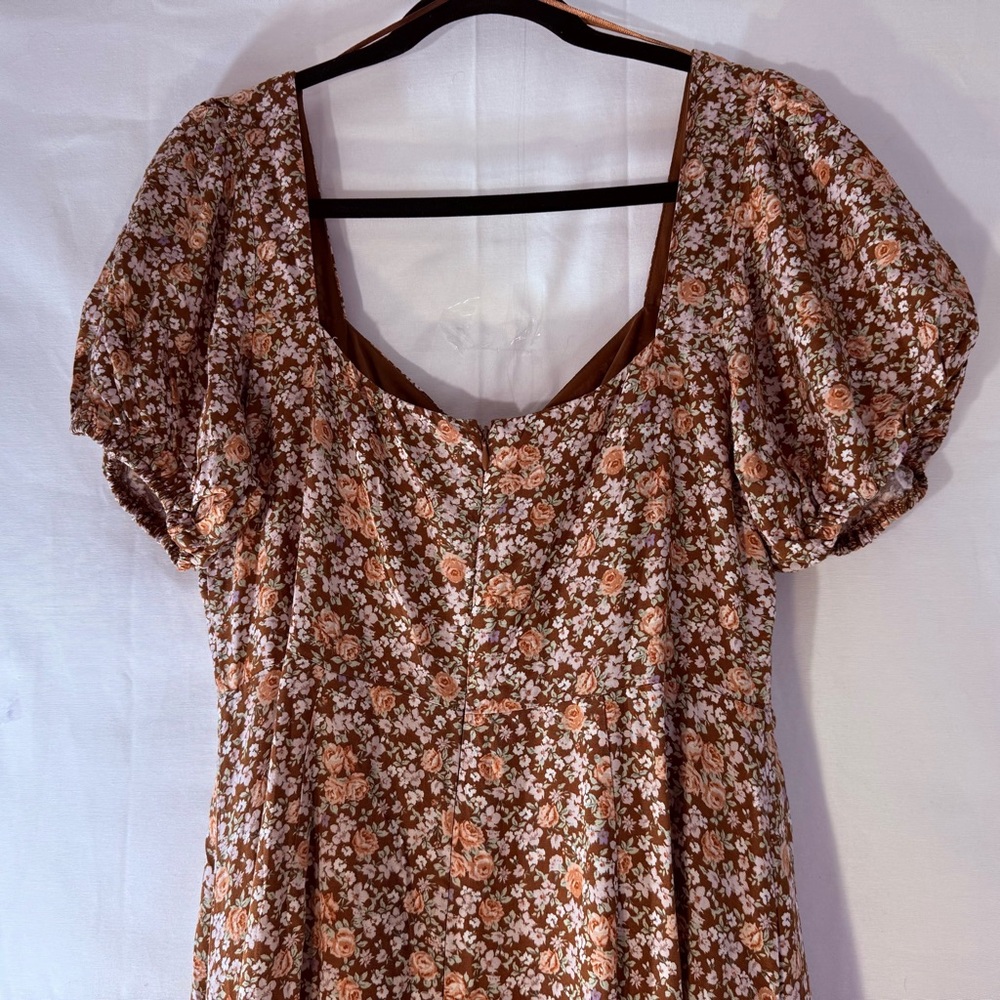 Astr Floral Puff Sleeve Maxi Dress - Pink and Brown Sz L Front Cutout Coquette - Picture 5 of 15